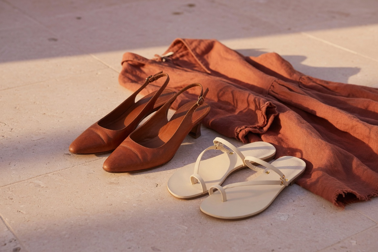 Zapatos y un vestido de lino, a la luz de la tarde